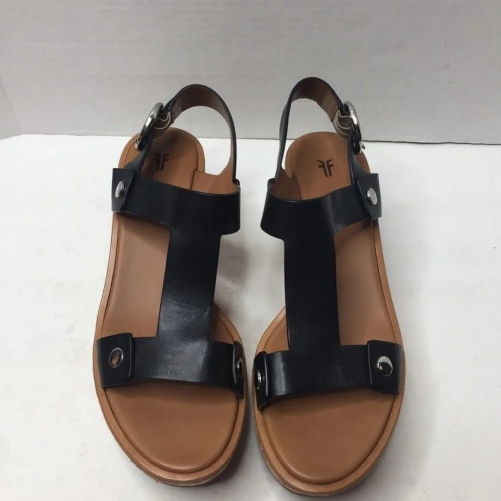 FRYE // dahlia black leather upper rivet detail platform cork wedge sandals
